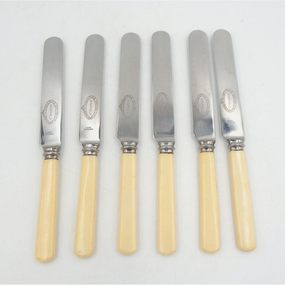 Cowens A.I. Brand Sheffield England Butter Knives Faux Bone Handles Set of 6 VTG